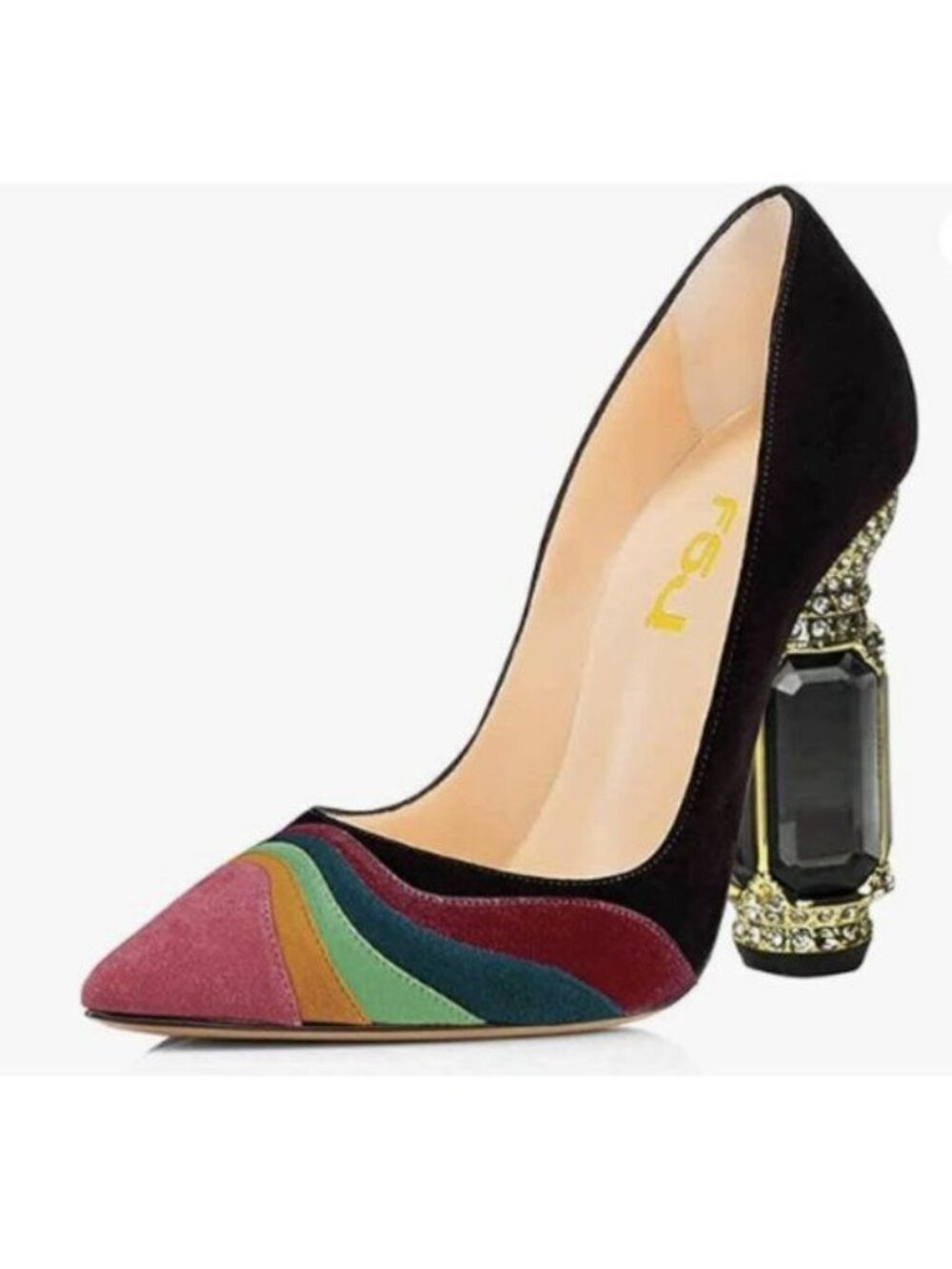 FSJ Women Bridal Pointed Toe Chunky Block High Heel Crystal Pumps Black Shoes